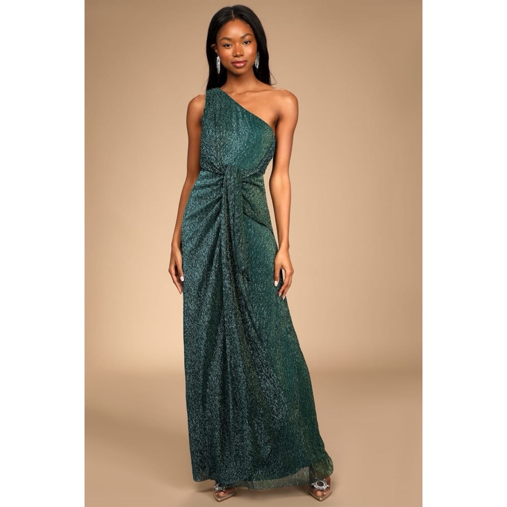 Lulu's Glamorous Glitz Shiny Teal Green Metallic One-Shoulder Formal Maxi Dress